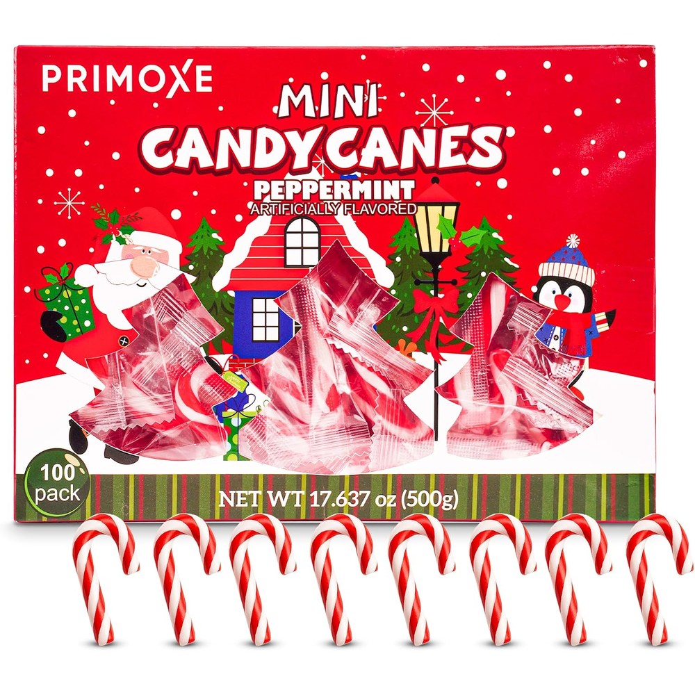 Primoxe Christmas candy mini canes front view of the festive holiday packaging box.