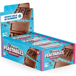 A box of My Beasty Feastables Milk Chocolate snack sticks, showing the retail packaging with multiple individual stick packs visible inside. The packaging is predominantly bright blue with pink side accents and chocolate bar graphics.