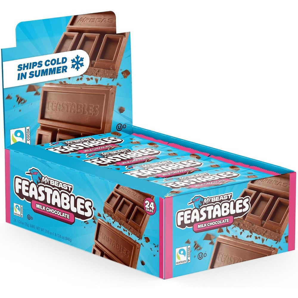 A box of My Beasty Feastables Milk Chocolate snack sticks, showing the retail packaging with multiple individual stick packs visible inside. The packaging is predominantly bright blue with pink side accents and chocolate bar graphics.