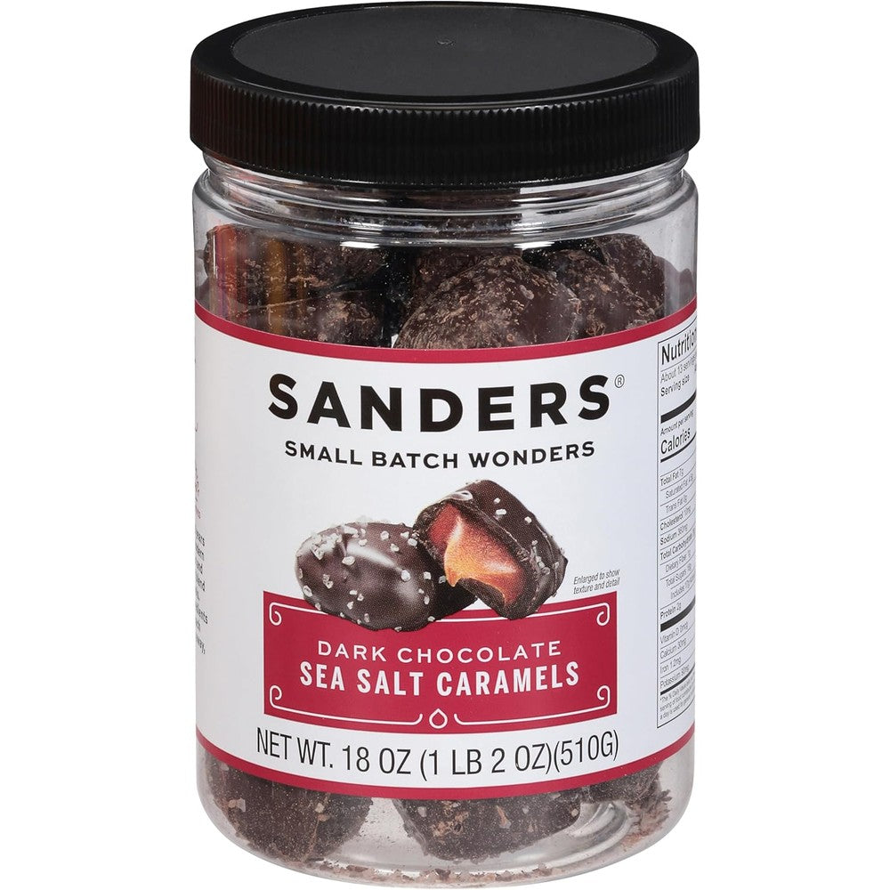 Sanders Dark Chocolate Sea Salt Caramels Kettle Cooked Small Batch Confection 18 Ounce Resealable Tub