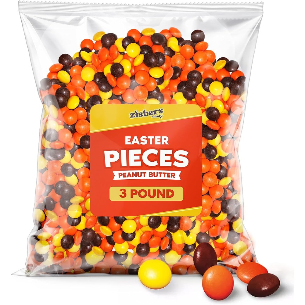 Zisbers peanut butter chocolate candy pieces three pound bag front view showcasing colorful imported American confectionery.
