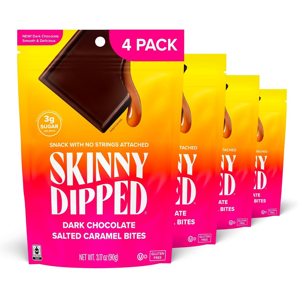 SkinnyDipped Dark Chocolate Salted Caramel Bites, Keto Friendly Low Sugar Treats, Gluten Free Imported Snacks, 4 Pack Of 3.17 Ounce Pouches