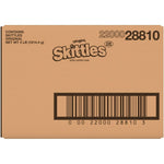 A large brown cardboard box of Skittles Original, showing the Skittles logo, product code 22000 28810, and a barcode on a white background.