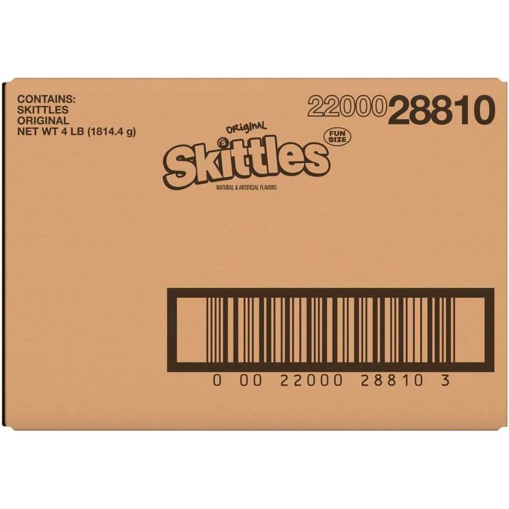 A large brown cardboard box of Skittles Original, showing the Skittles logo, product code 22000 28810, and a barcode on a white background.