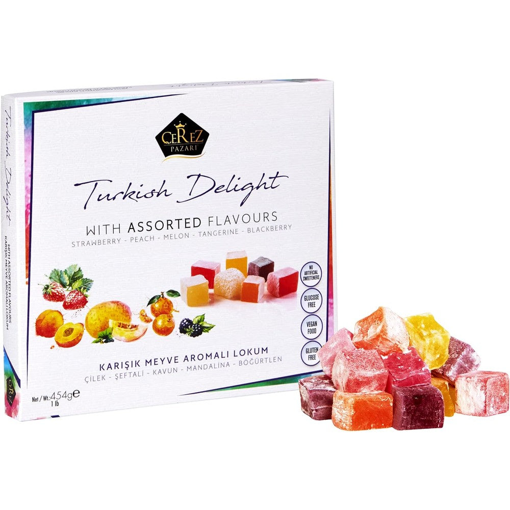 Cerez Pazari Turkish Delight Candy With Assorted Flavors 16 Ounce Gourmet Traditional Confectionery Vegan Lokum Gift Box