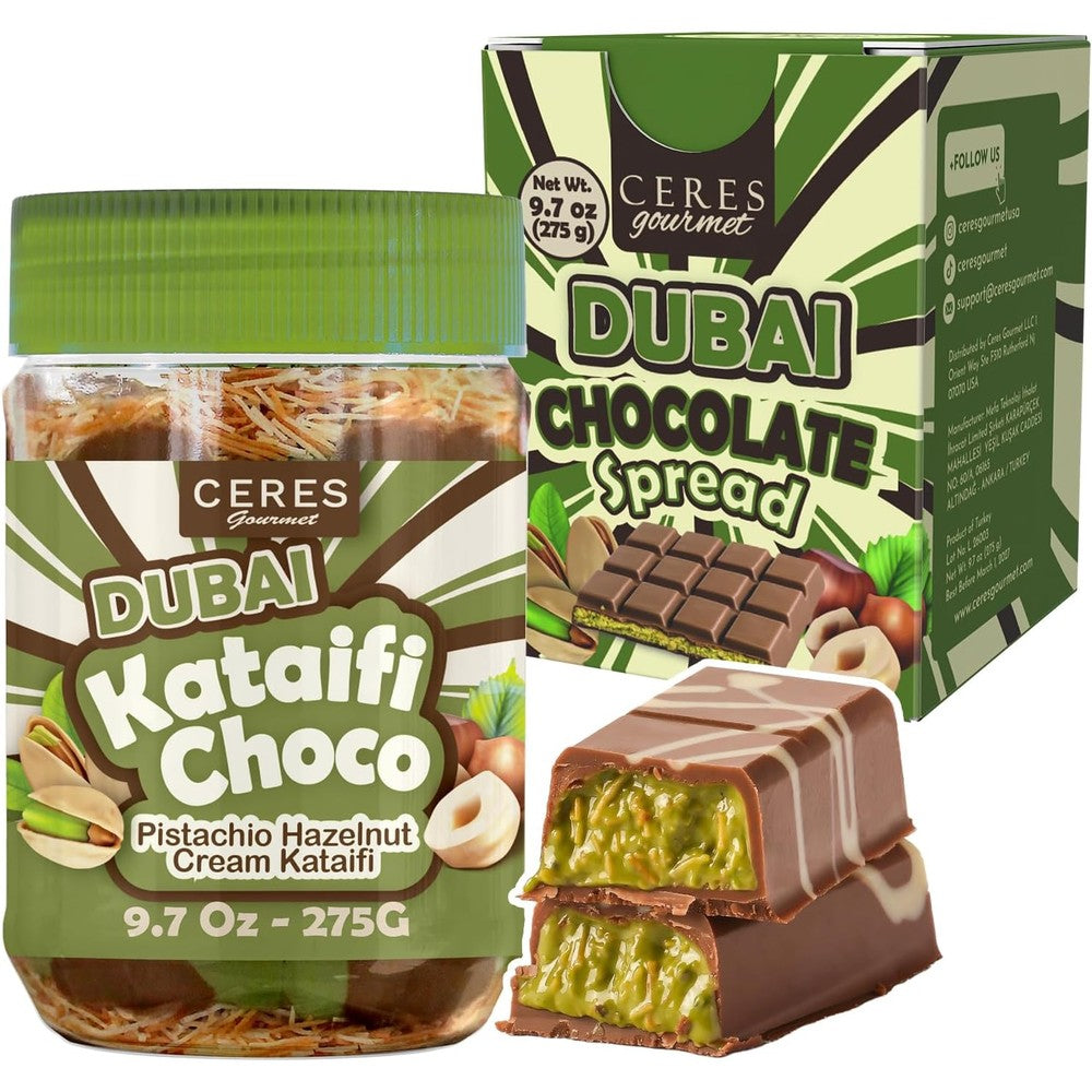 Ceres Gourmet Dubai Spreadable Chocolate Pistachio Spread With Roasted Phyllo Kataifi Gourmet Breakfast Filling 9.7 Ounce