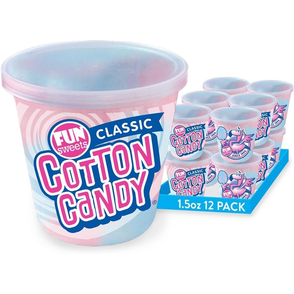 Fun Sweets Cotton Candy 12 Pack Blue Raspberry And Cherry Swirl 1.5 Ounce Resealable Tubs Individual Serving Party Treats