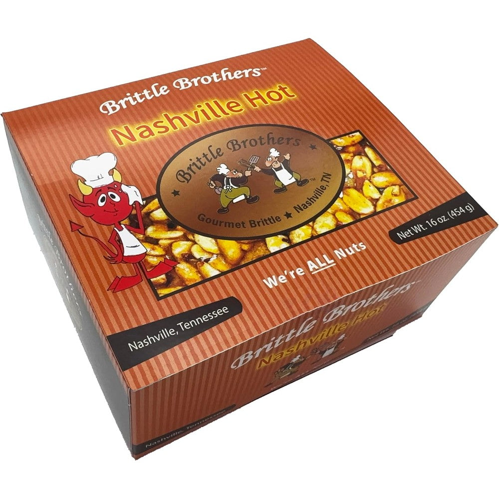 Brittle Brothers Nashville Hot Peanut Brittle front view of sixteen ounce gift box package