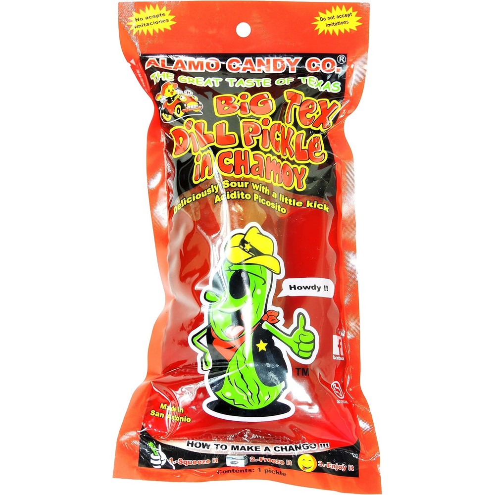 La Conecta Alamo Candy Company Big Tex Dill Pickle in Chamoy front packaging view