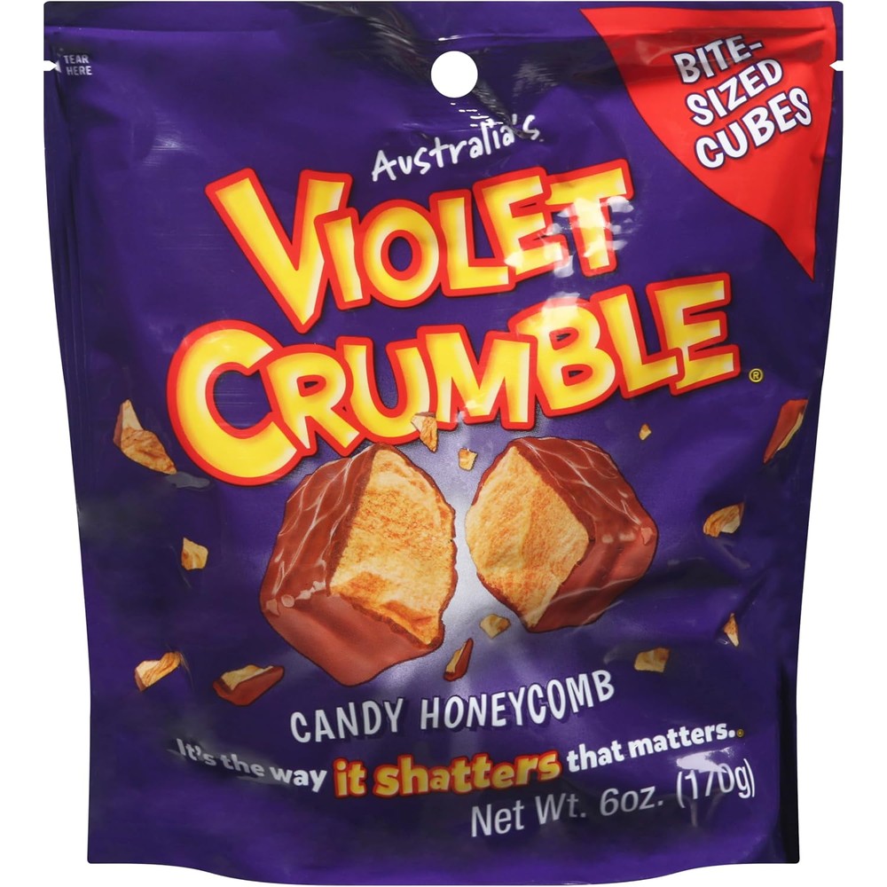 Violet Crumble Candy Honeycomb Bite Size Chunks Milk Chocolate Coated Australian Honeycomb Toffee Cubes 170 Gram Bag