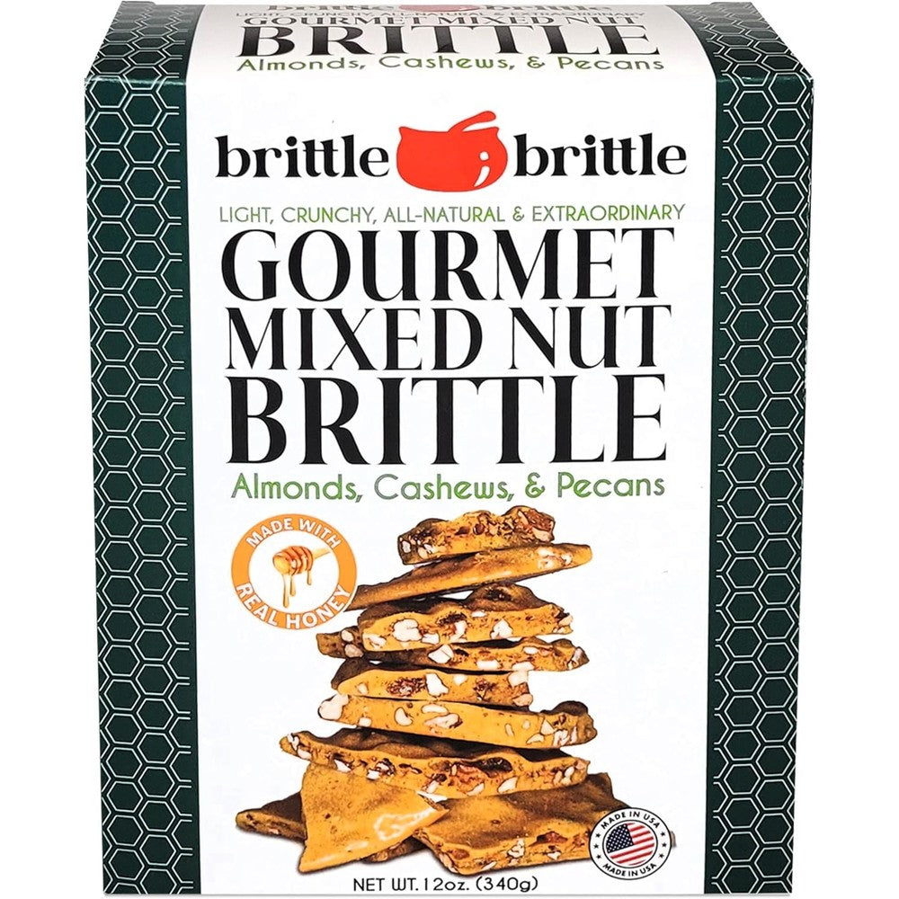 Brittle-Brittle Mixed Nut Brittle Candy 12 Ounce box front view showing gourmet imported snack packaging.
