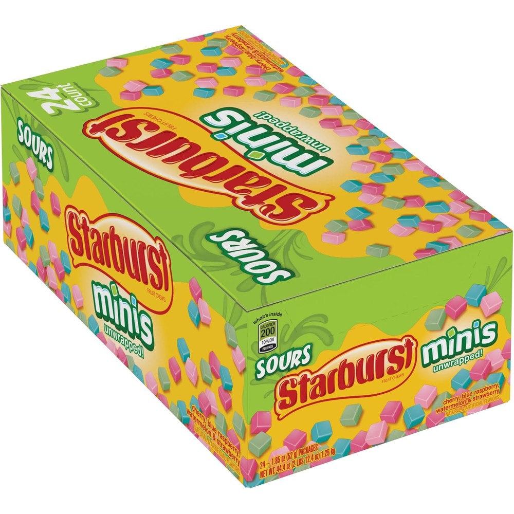 Starburst Sour Candy Minis Fruit Chews Chewy Candy Assorted Flavors Twenty Four Pack One Point Eight Five Ounce Bags