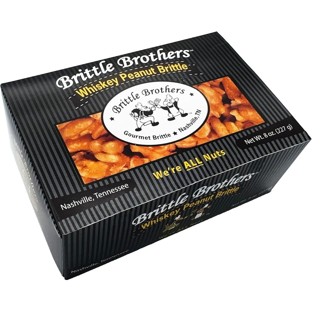 Brittle Brothers whiskey flavored peanut brittle eight ounce gift box front view showcasing authentic packaging