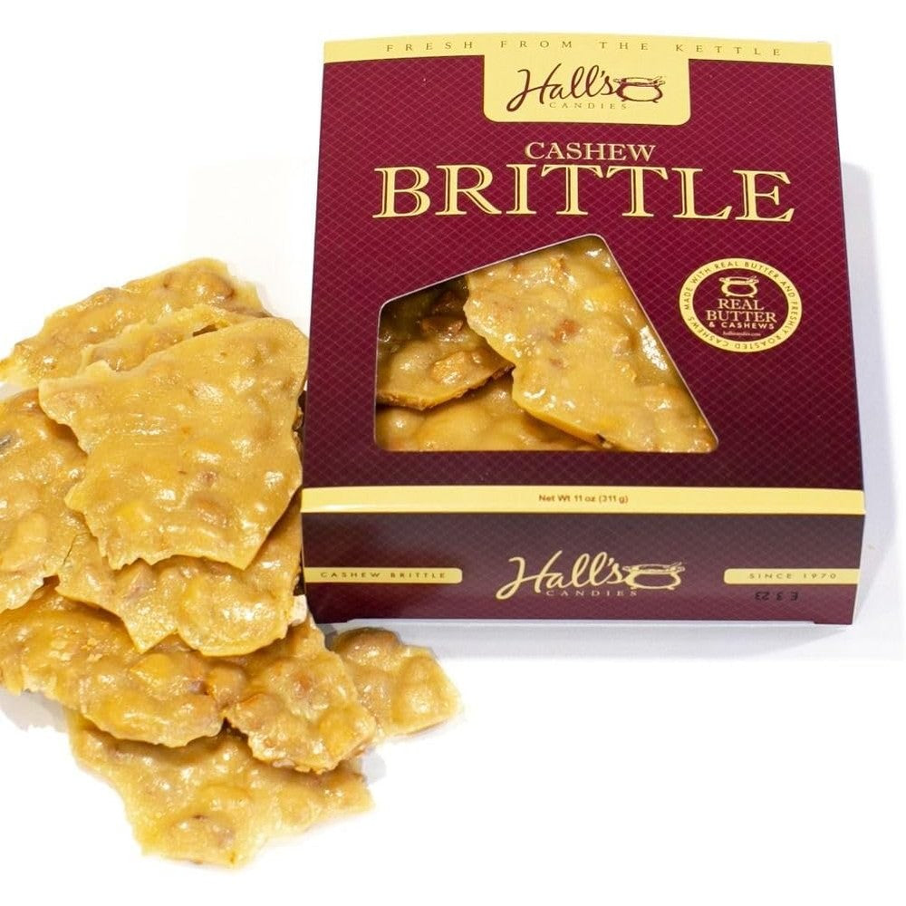 Hall's Candies Cashew Brittle front view of packaging box showing product window
