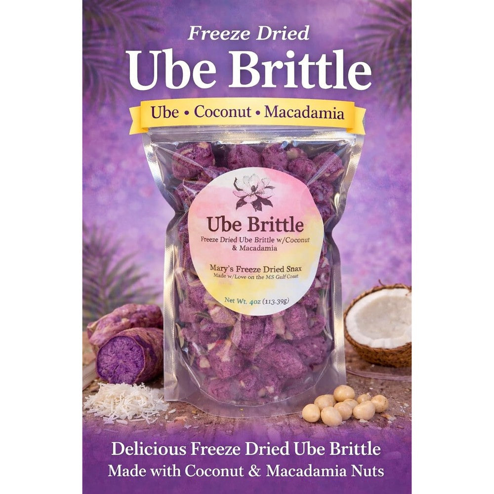 Mary's freeze dried ube brittle front view packaging for gourmet snack lovers