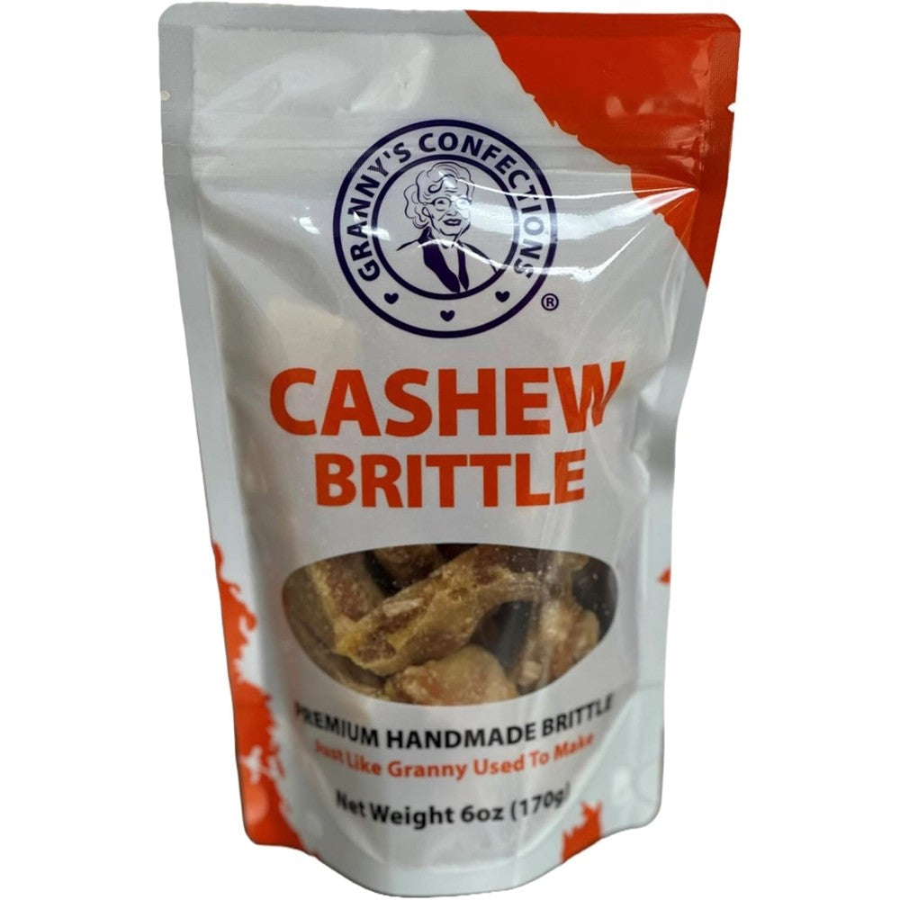 Granny's Confections Cashew Brittle front view of the premium six ounce pouch showing the handmade gourmet candy.