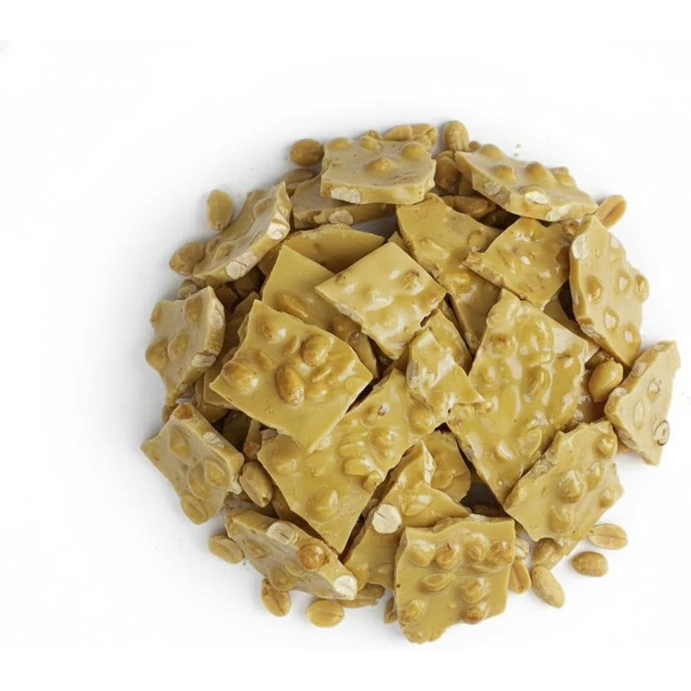 SweetGlob Old Fashioned Peanut Brittle front view of two pound bulk bag showcasing authentic crunchy candy.
