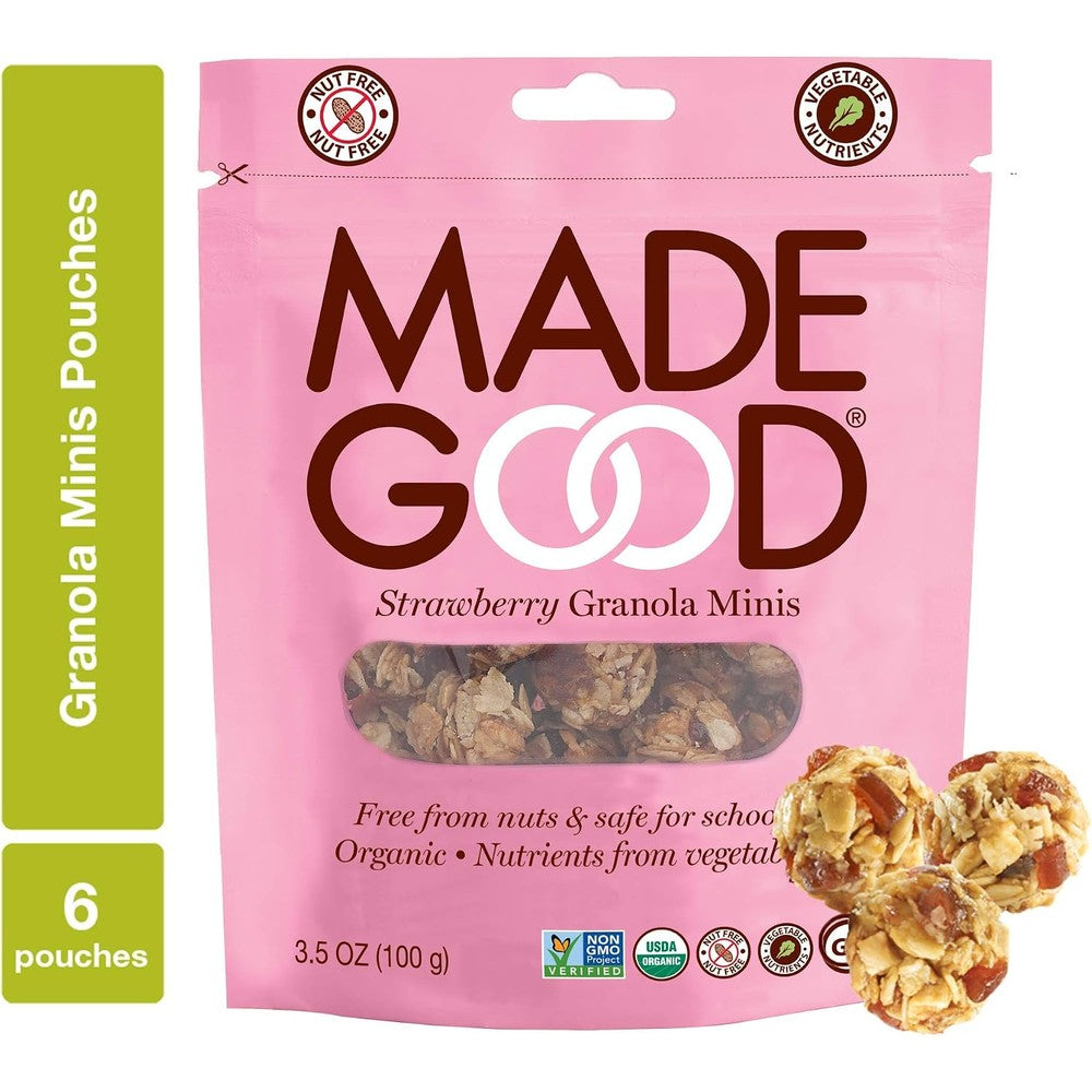 MadeGood Strawberry Granola Minis, 6 Pouches (3.5 Ounces Each), Organic Granola Clusters With Crunchy Oats And Juicy Strawberries, School-Safe Snack