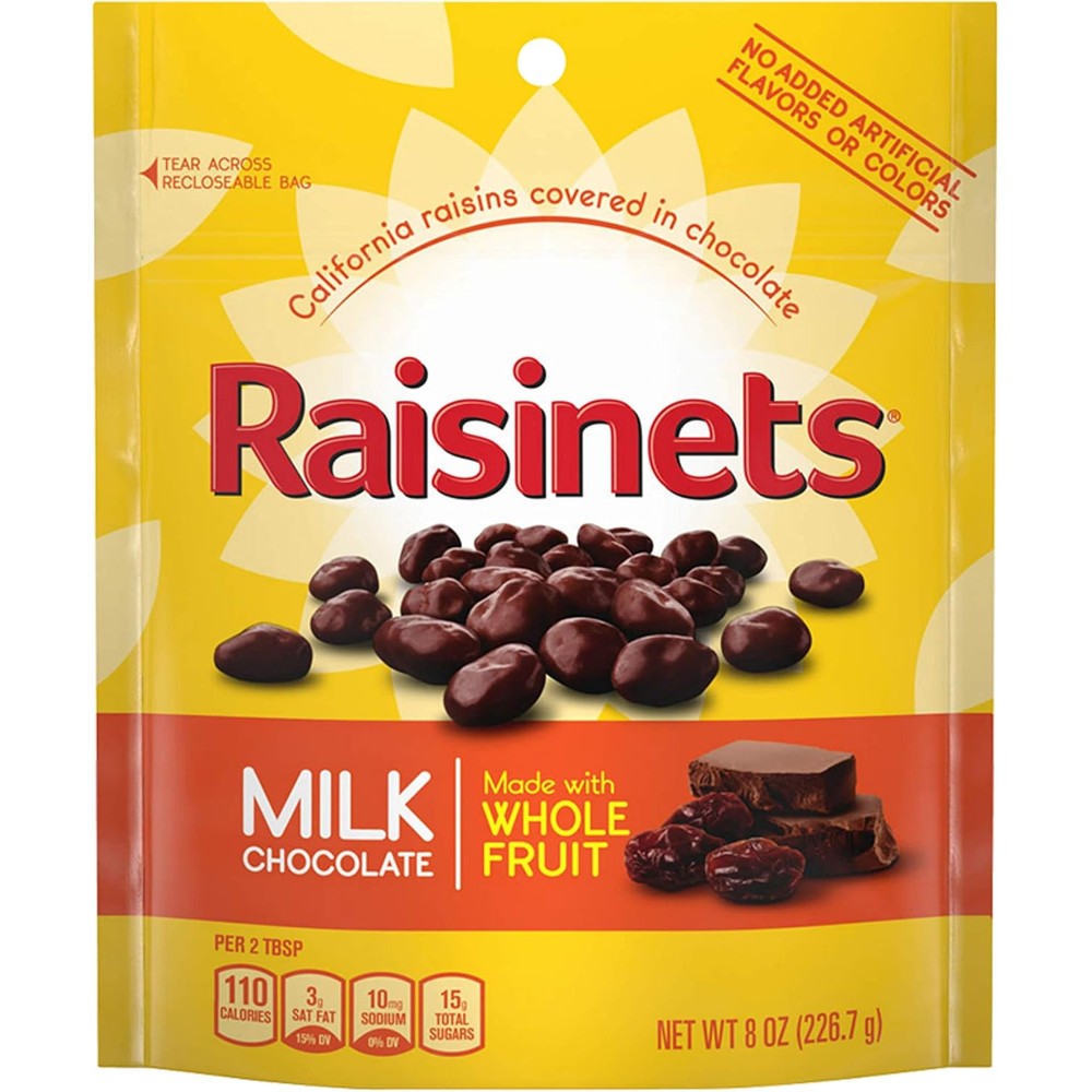 Raisinets Milk Chocolate Covered California Raisins, Premium Creamy Milk Chocolate Stand Up Reclosable Bag, 8 Ounce