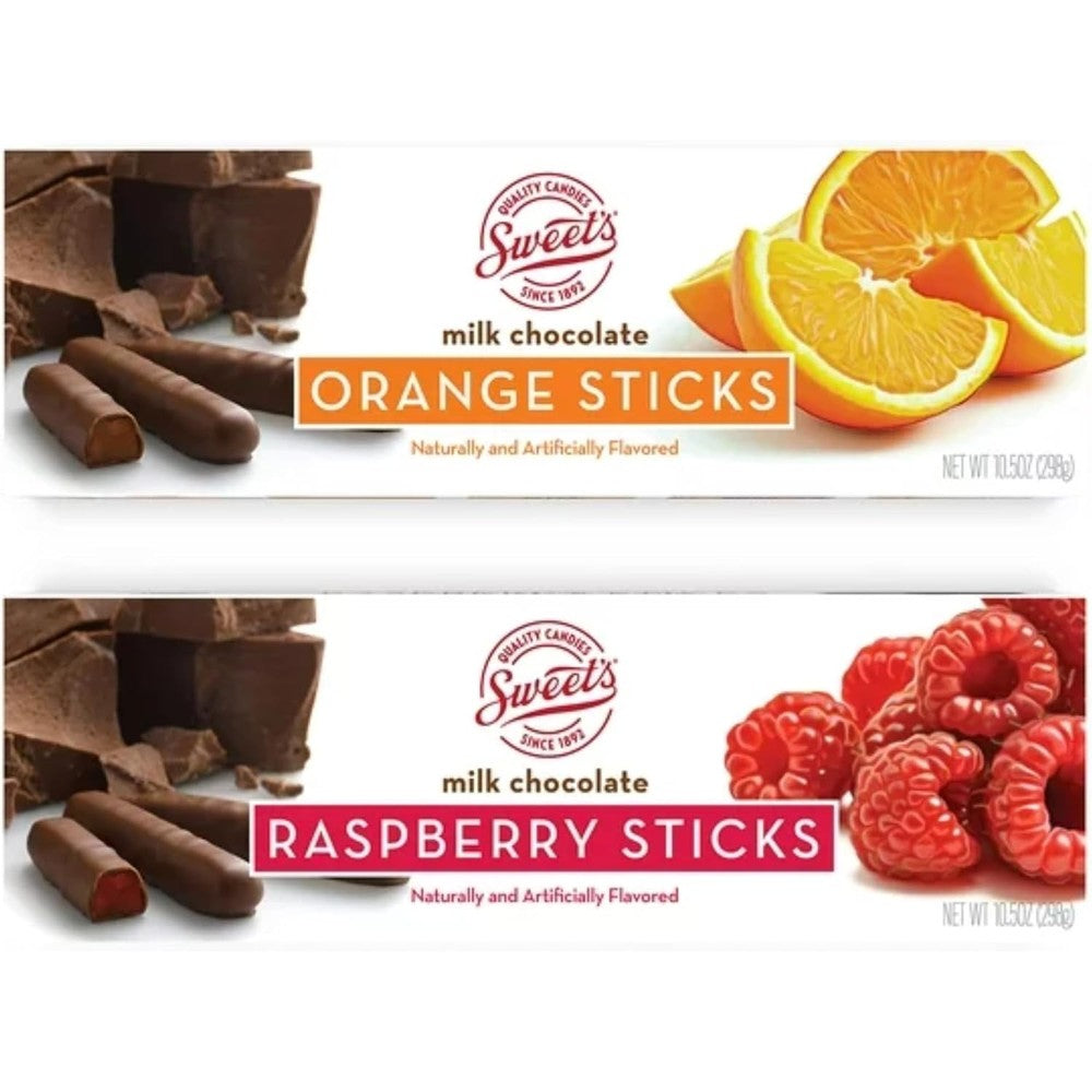 Sweet Candy Company milk chocolate orange and raspberry sticks front view