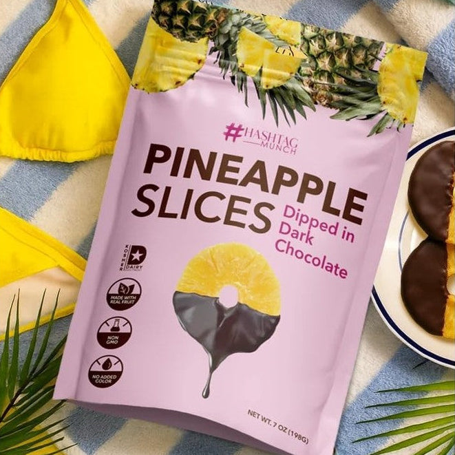 Hashtag Munch Strawberry Chocolate Dipped Pineapple Slices front view in bag