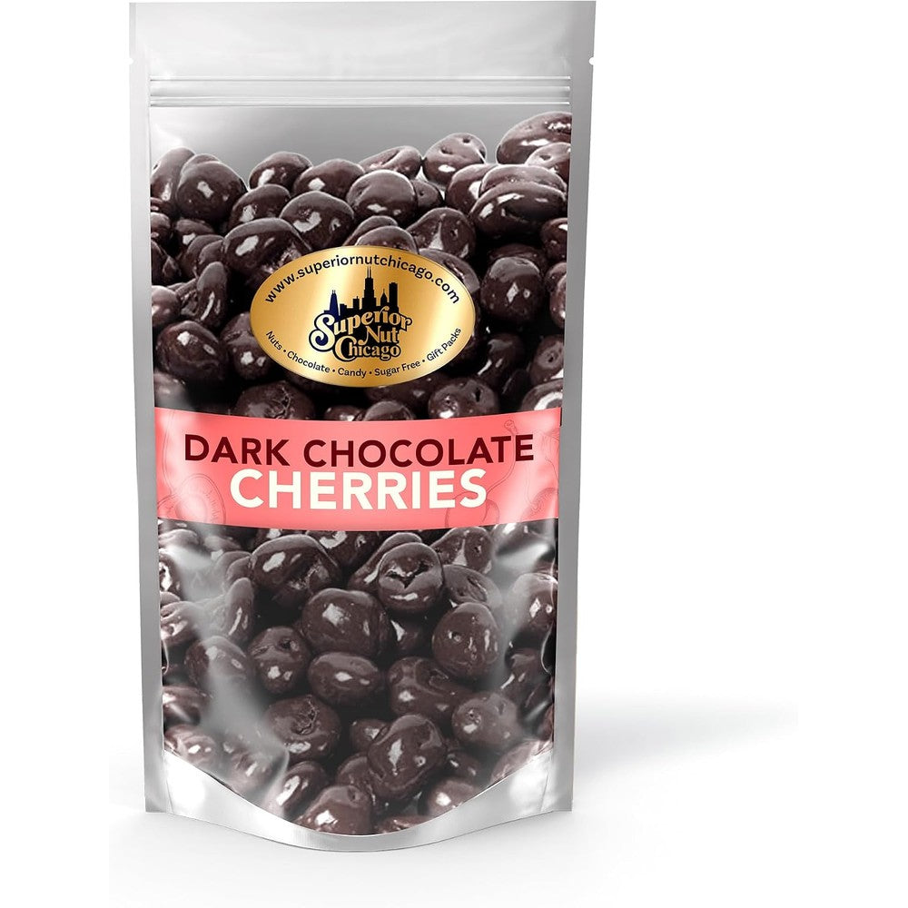 A stand-up pouch of Superfruitz Chicago Dark Chocolate Cherries, showing glossy dark chocolate cherries through a clear window, with a gold and pink label on a white background.