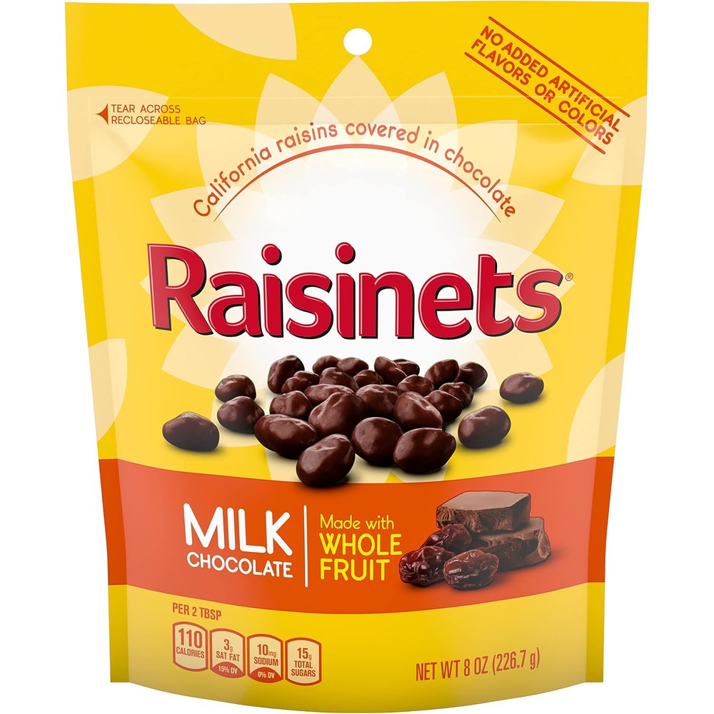 Raisinets Milk Chocolate Covered California Raisins, Gluten Free, 8 Ounce Resealable Bag, Bulk 8 Pack