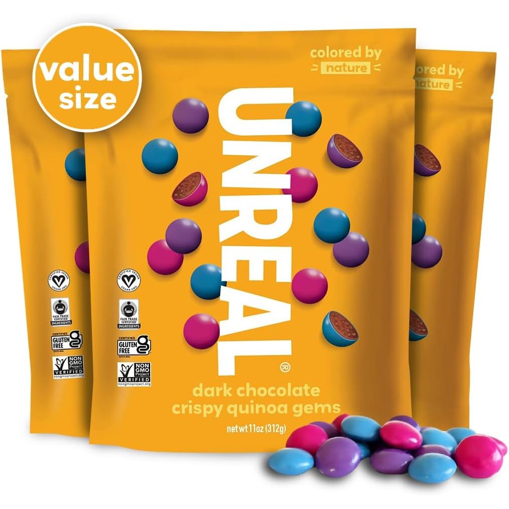 Unreal Dark Chocolate Crispy Quinoa Gems 3 Value Size Bags 11 Ounces Each Vegan Gluten Free Non-GMO Fair Trade Natural Ingredients