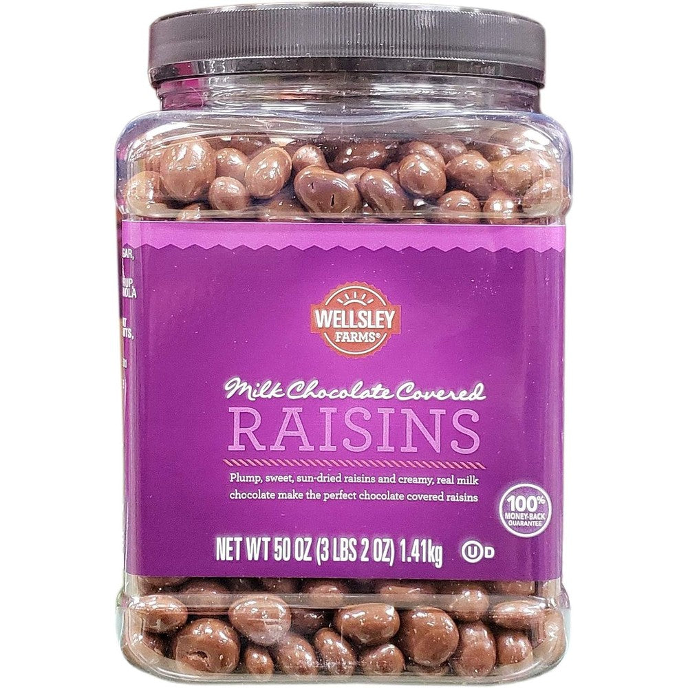 Wellsley Farms Milk Chocolate Covered Raisins, Premium Sun-Dried Grapes In Real Milk Chocolate, Gluten-Free And Kosher Snack, 50 Ounce Jar