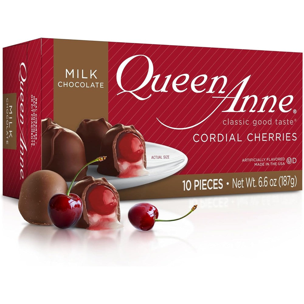 Queen Anne Milk Chocolate Covered Cordial Cherries Whole Maraschino Cherry Creamy Liquid Center Gift Box 6.6 Ounce