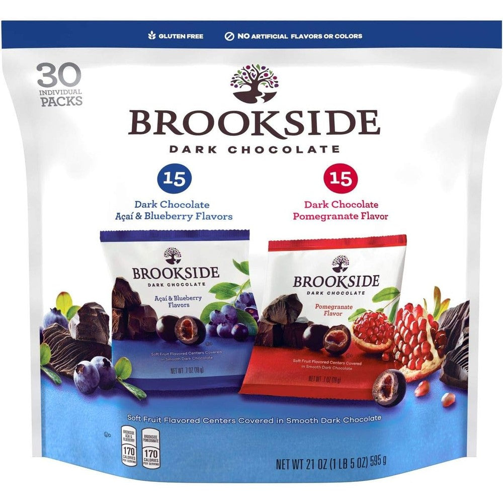 Brookside Dark Chocolate Variety Pack front view showing the pomegranate and blueberry snacking chocolate bags.