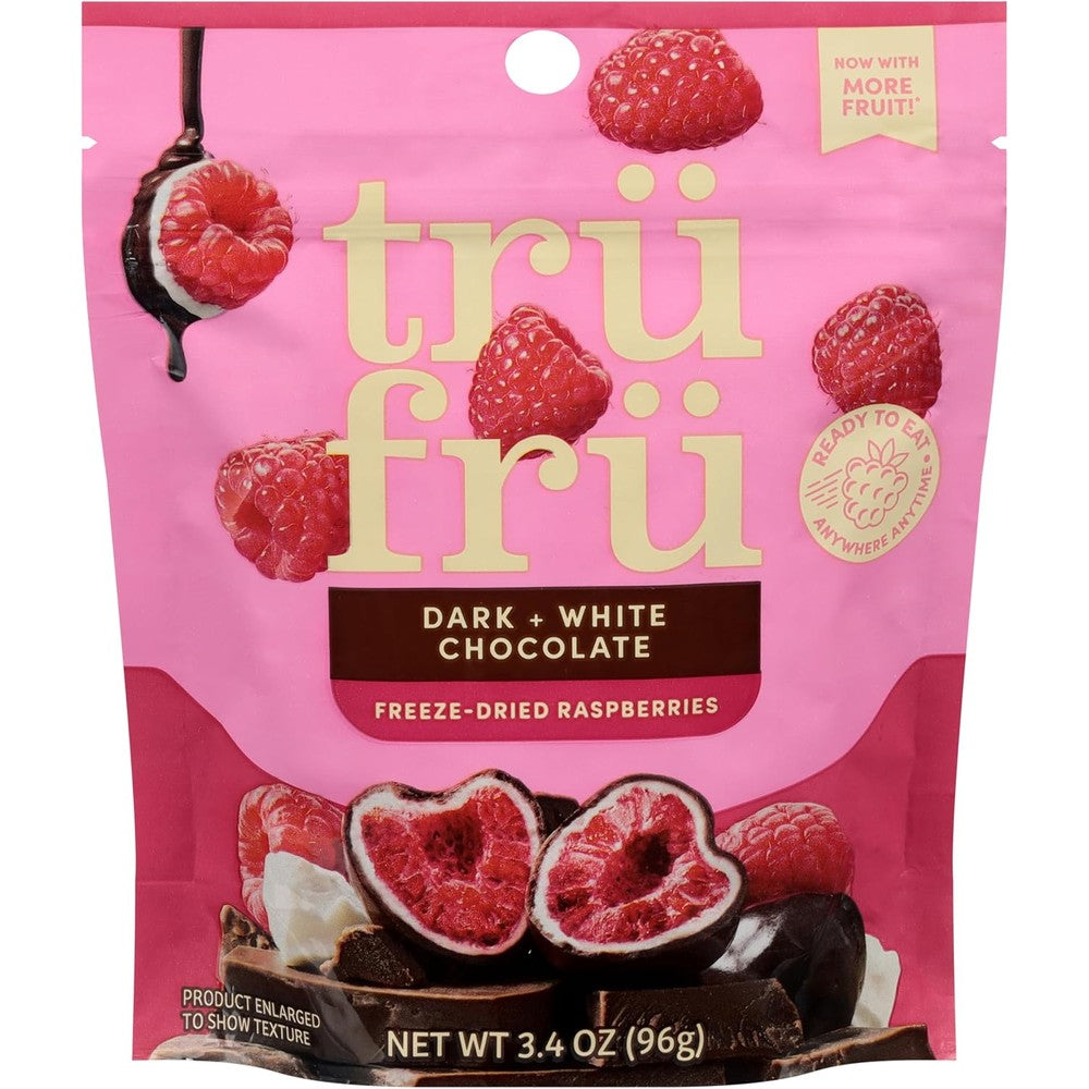 Tru Fru Freeze Dried Dark and White Chocolate Raspberries 3.4 Ounce bag front view