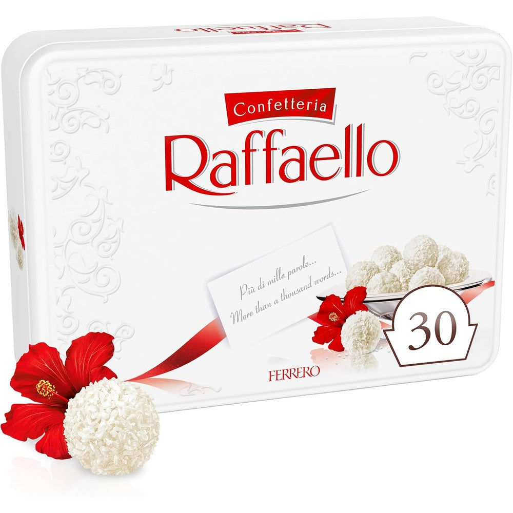 Raffaello Premium Coconut Almond Pralines In Luxurious Gift Metal Tin Box Containing 30 Individually Wrapped Gourmet Candy Treats 10.6 Ounce