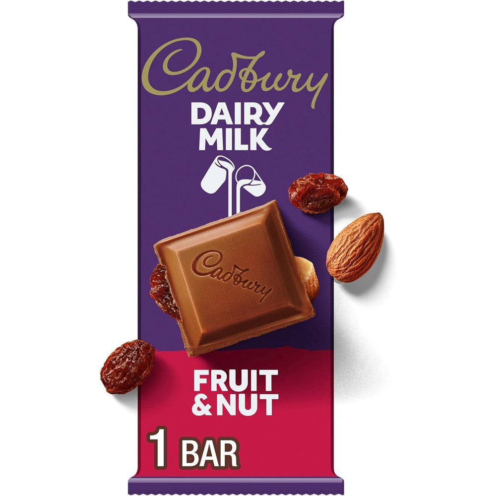 Cadbury Dairy Milk Fruit And Nut Milk Chocolate Candy Bar With Raisins And Crunchy Almonds 3.5 Ounce
