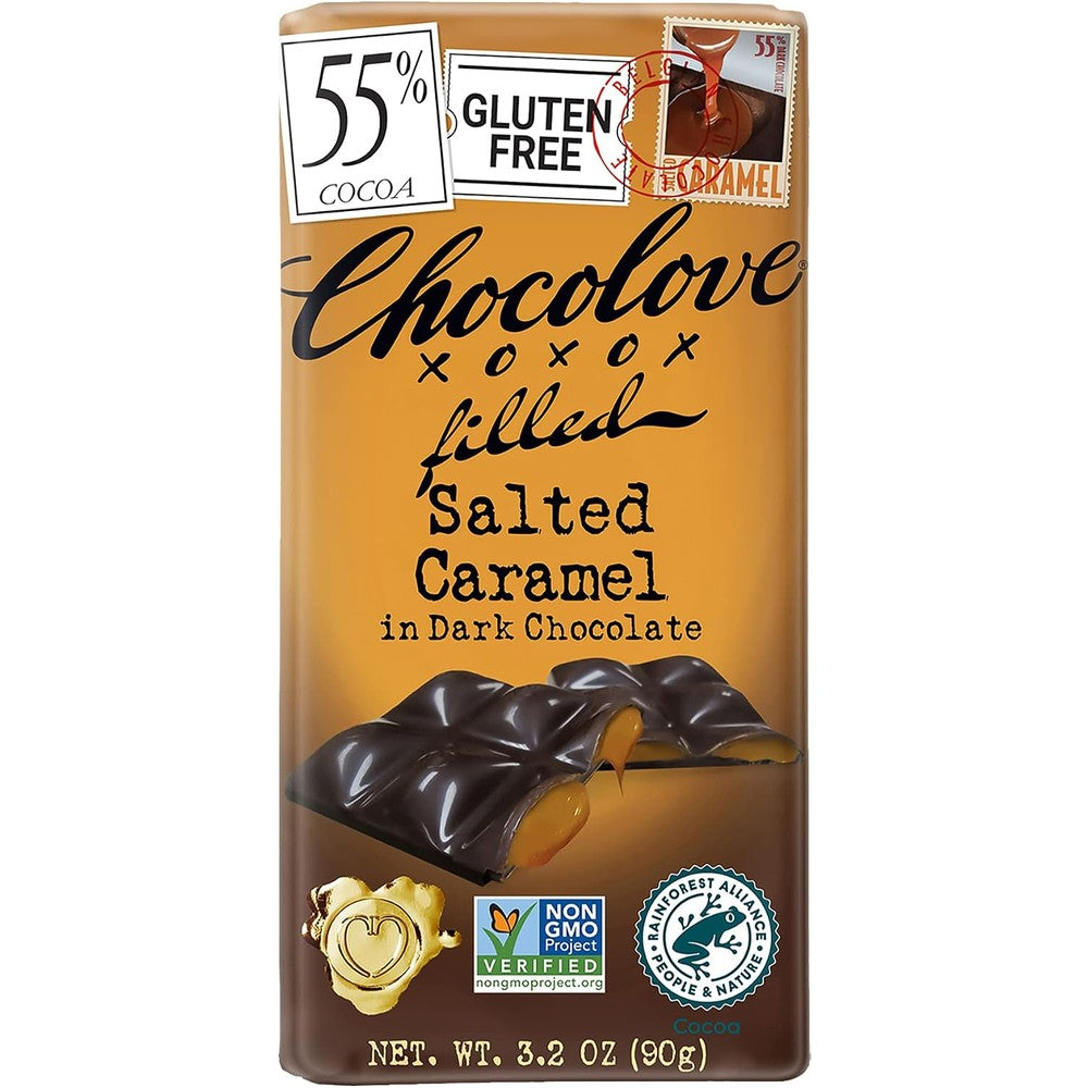 Chocolove Salted Caramel In Dark Chocolate 55 Percent Cocoa Premium Imported Confectionery Chocolate Bar 3.2 Ounce