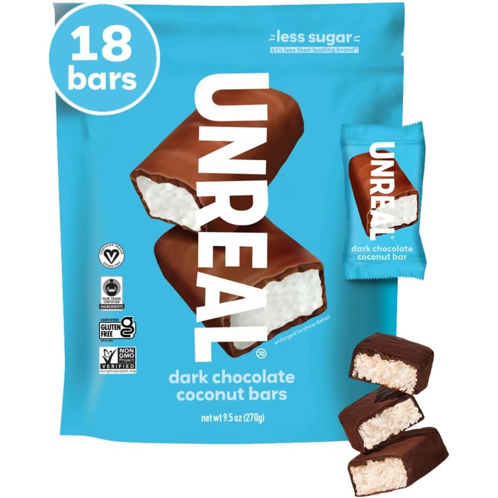 UNREAL Dark Chocolate Coconut Bars Low Sugar Certified Vegan And Gluten Free Dessert Value Size Bag 9.5 Ounce