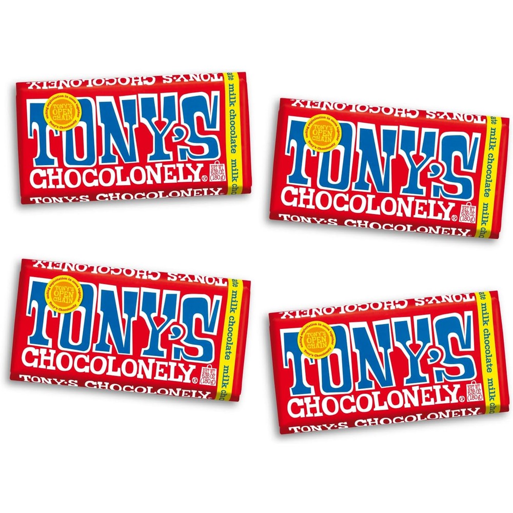Tony's Chocolonely Belgian Milk Chocolate Candy Bar Premium 32 Percent Cacao Fairtrade Cocoa Multipack 4 Bars 6.35 Ounce Each