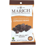 A package of Marich Pancrafted Chocolates Dark Chocolate Espresso Beans, 1.75 oz (50g), featuring a white and orange bag with a photo of chocolate pieces on the front.