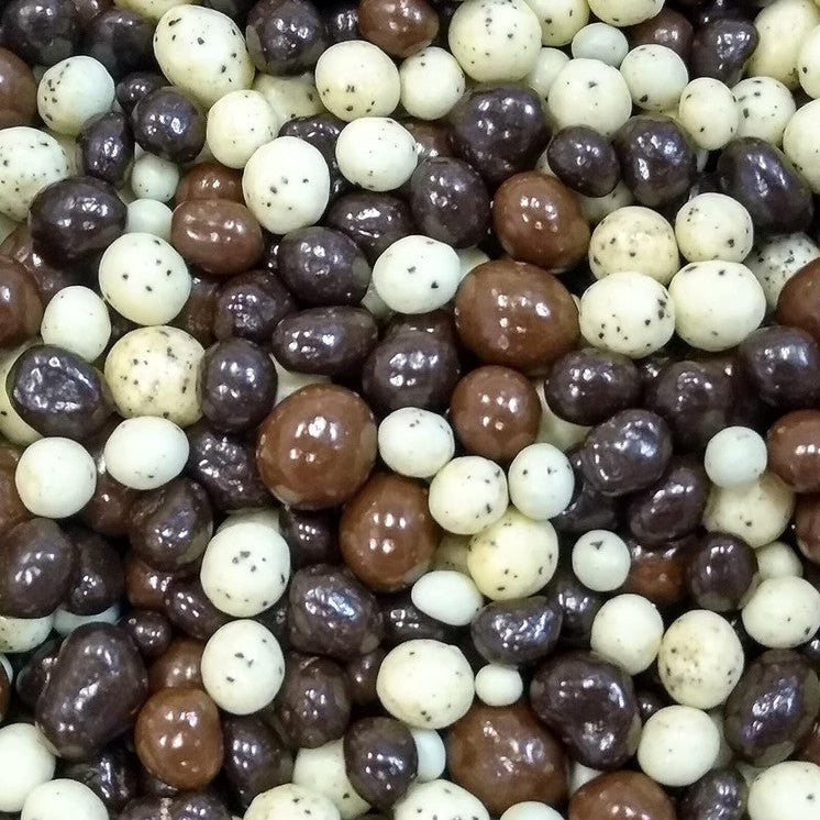 Emporium Candy tri-colored chocolate covered coffee beans front view