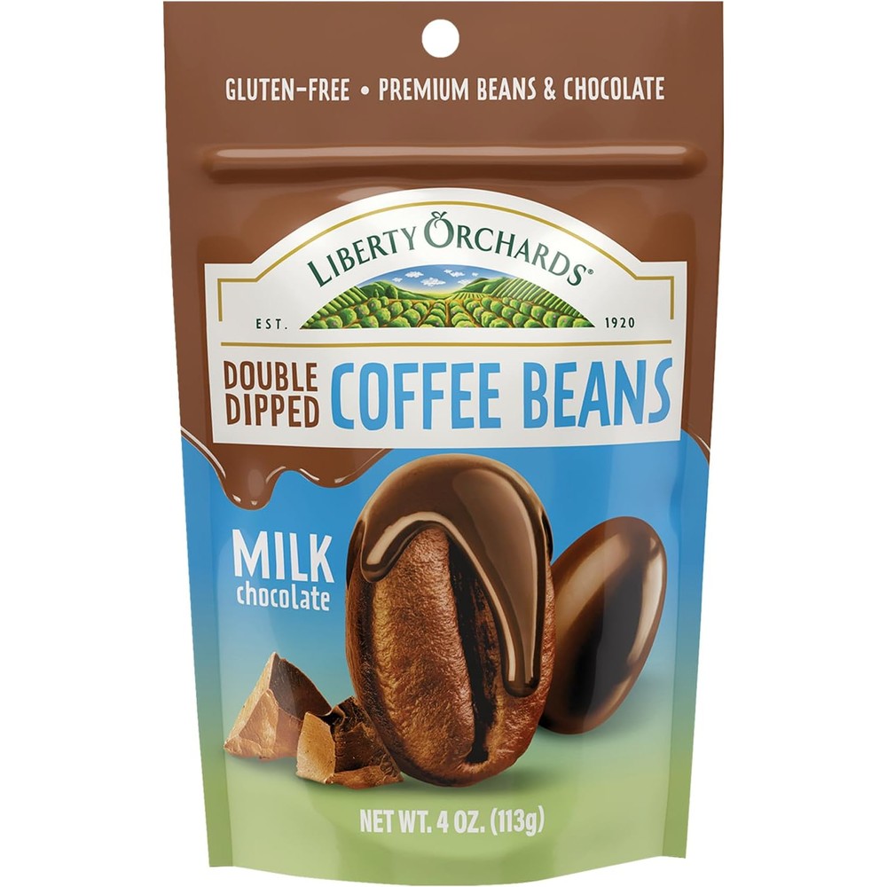 Liberty Orchards Double Dipped Milk Chocolate Coffee Beans front view of 4 ounce pouch
