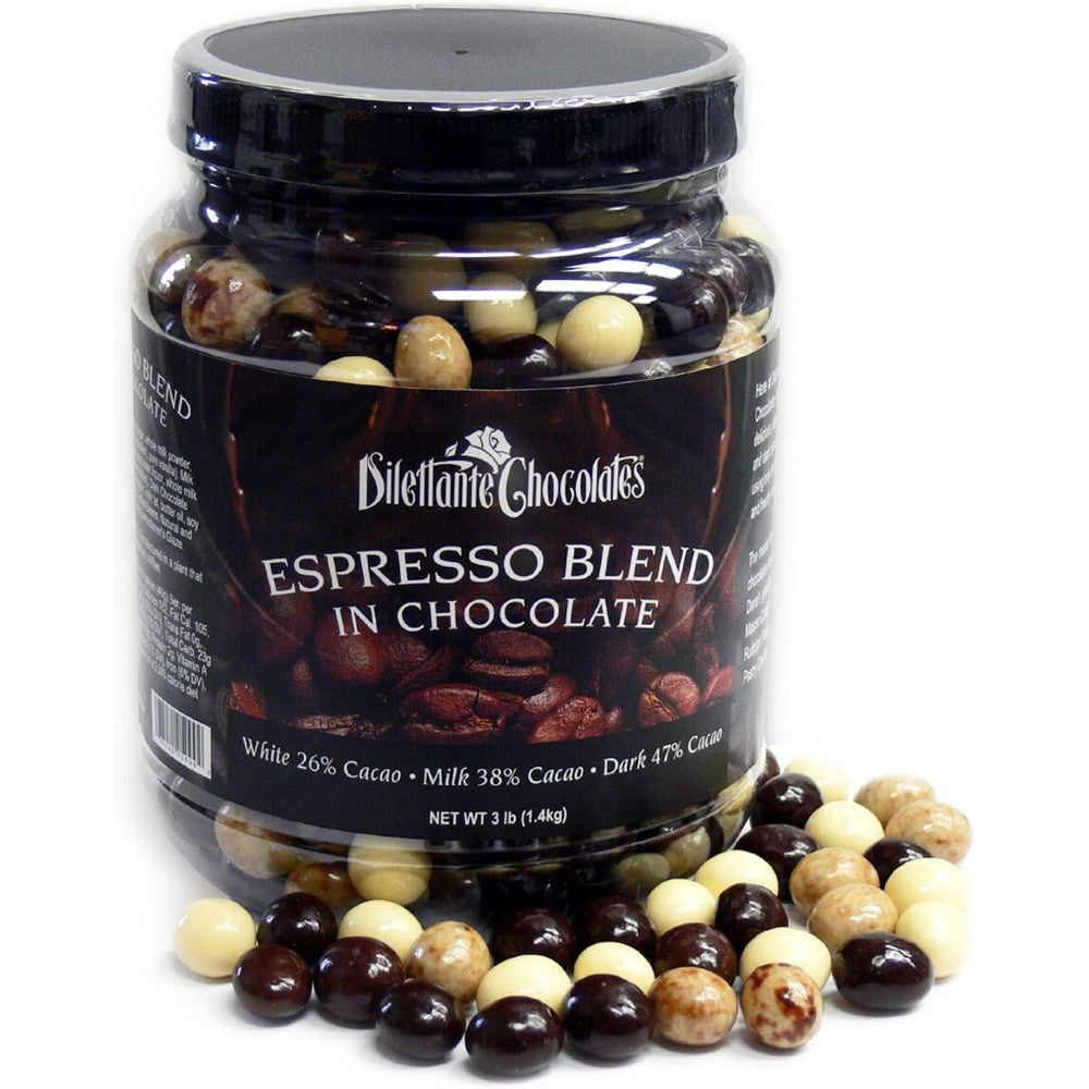 Dilettante Chocolates Chocolate Covered Espresso Coffee Bean Blend Jar With White Milk Dark And Marbled Chocolate Three Pound Bulk Jar