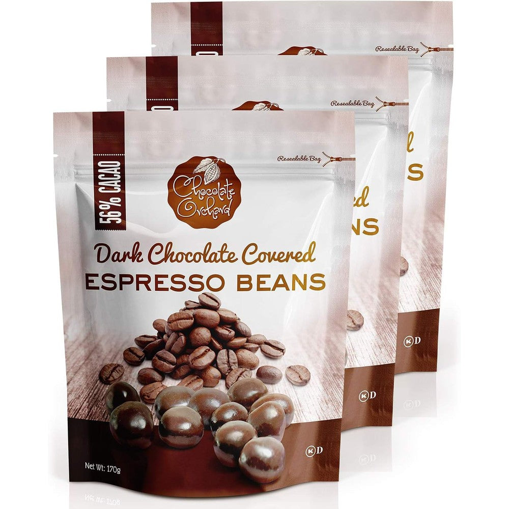 Chocolate Orchard Dark Chocolate Covered Espresso Beans Made with Fifty Six Percent Cacao Kosher Certified Snack Six Ounce Bag Pack of Three