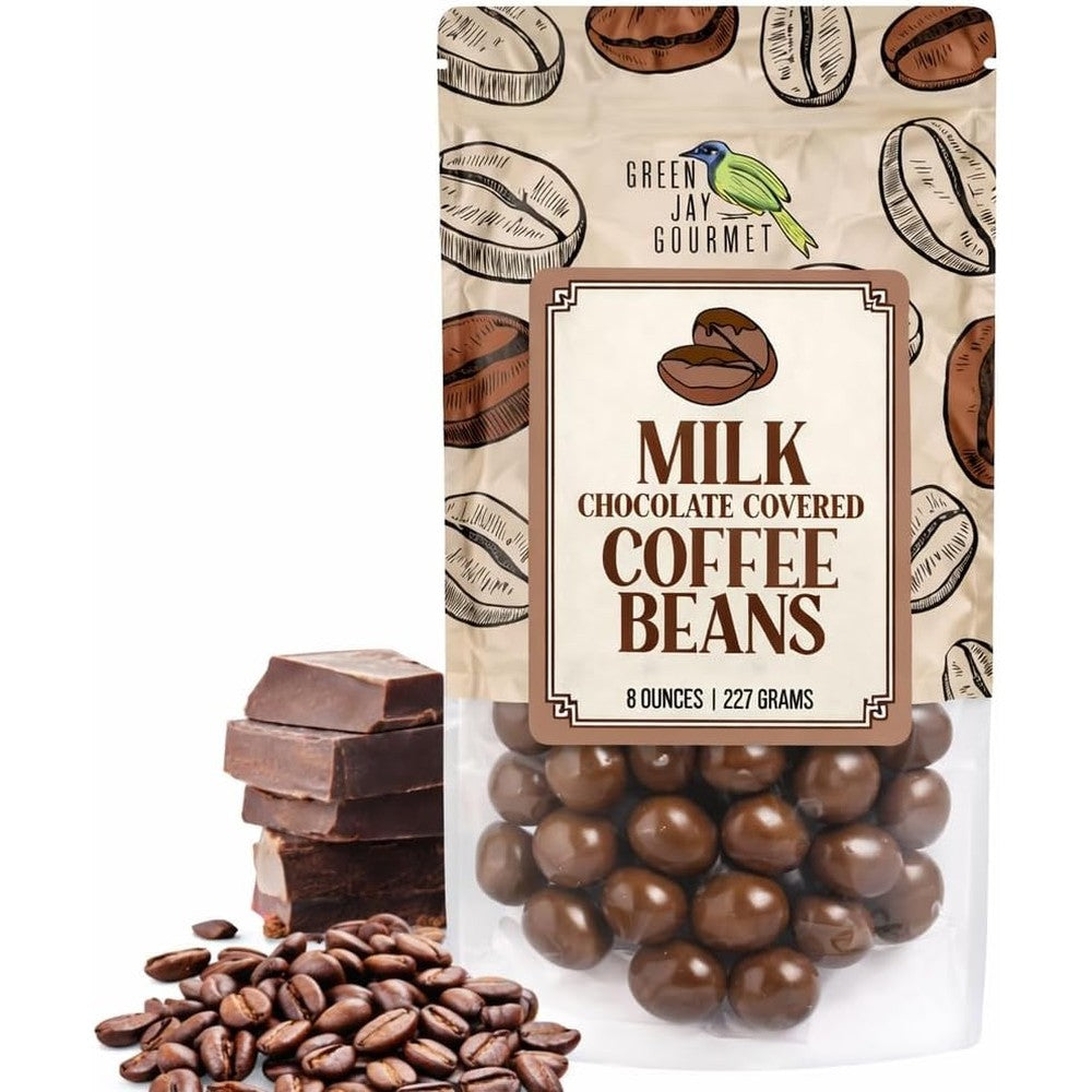 Green Jay Gourmet milk chocolate covered coffee beans front view