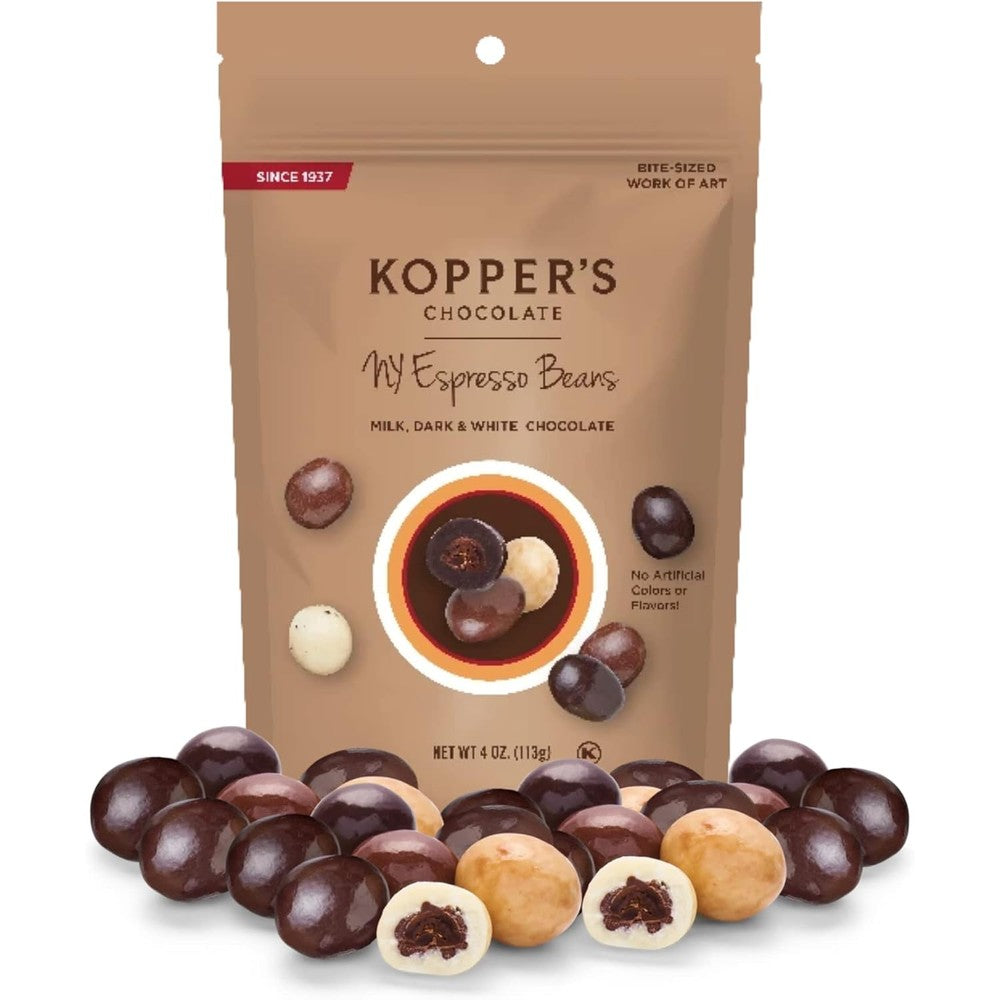 Kopper's Chocolate Covered Espresso Beans NY Blend Assorted Coffee Flavors Cream Cappuccino Milk And Dark Chocolate 4 Ounce