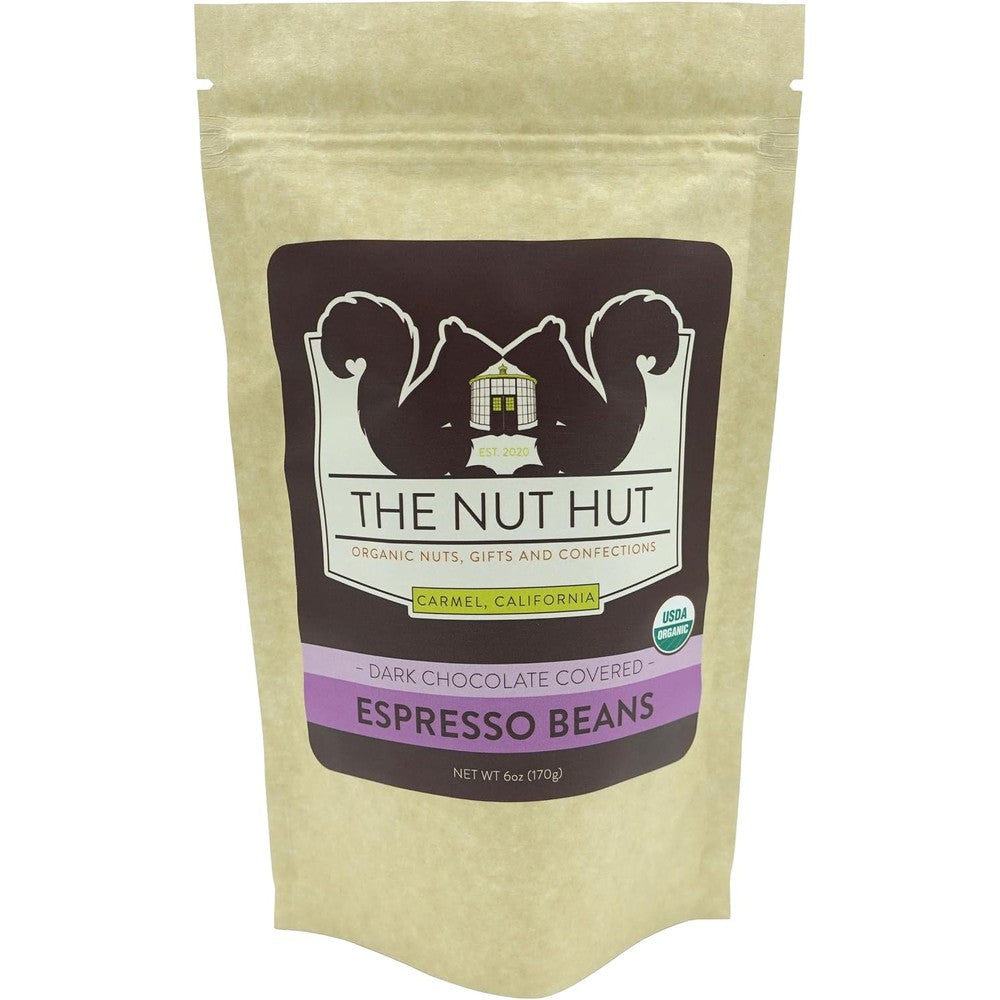 The Nut Hut Organic Dark Chocolate Espresso Beans 6 Ounce pouch front view
