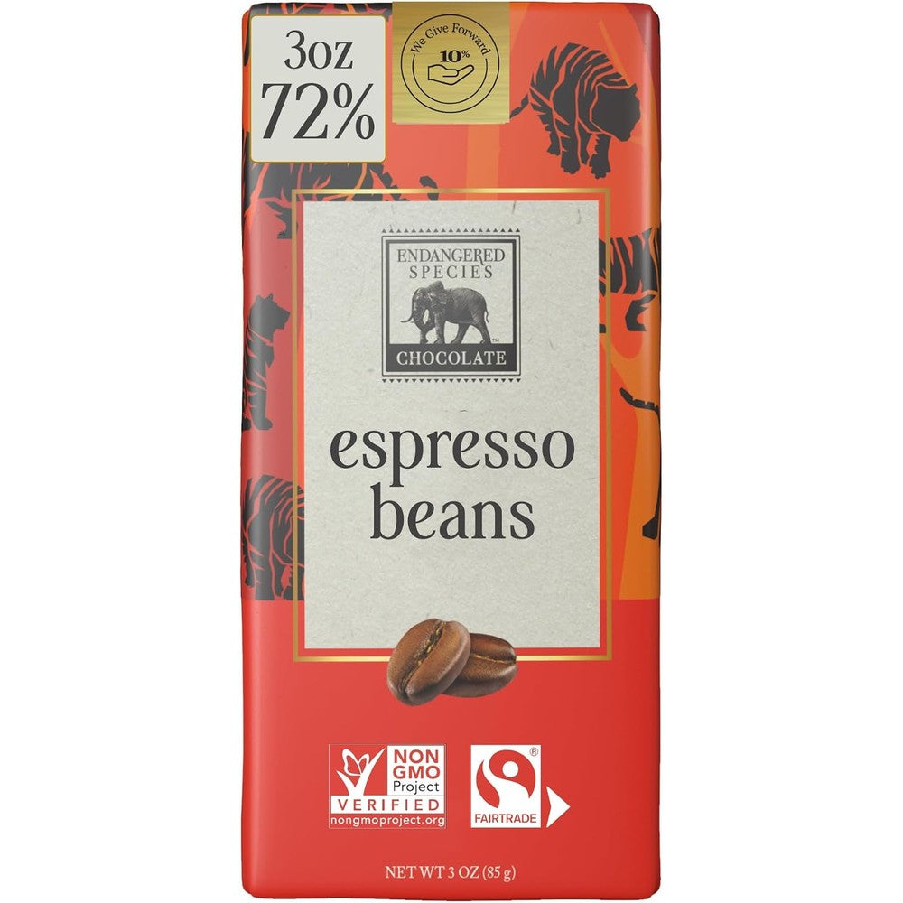 Endangered Species Chocolate Tiger Bar Smooth Dark Chocolate With Roasted Espresso Beans Seventy Two Percent Cocoa Gluten Free Three Ounce