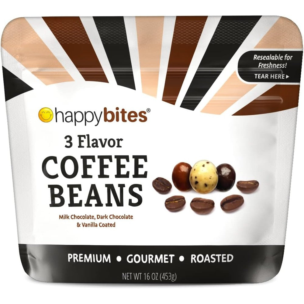 Happy Bites Three Flavor Covered Coffee Beans Milk Chocolate Dark Chocolate And Vanilla Roasted Espresso Bean Snack Sixteen Ounces