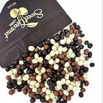 Open container of chocolate-covered candies with a visible brand logo on a white background