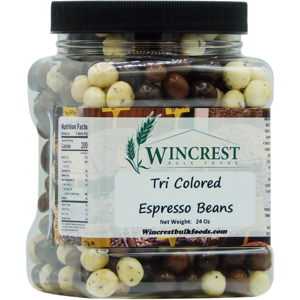 WinCrest Bulk Foods Tri Color Chocolate Covered Espresso Beans featuring Milk Dark and White Chocolate Coatings in a Twenty Four Ounce Tub