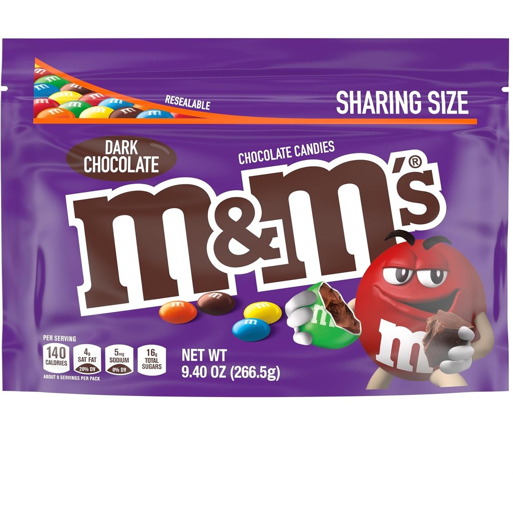 M&M'S Dark Chocolate Candy Sharing Size Resealable Candy Bag Nine Point Four Ounces